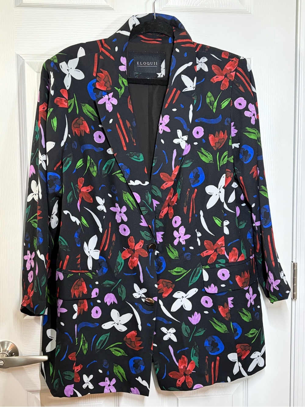 Eloquii Black Floral Blazer with Multicolor Print